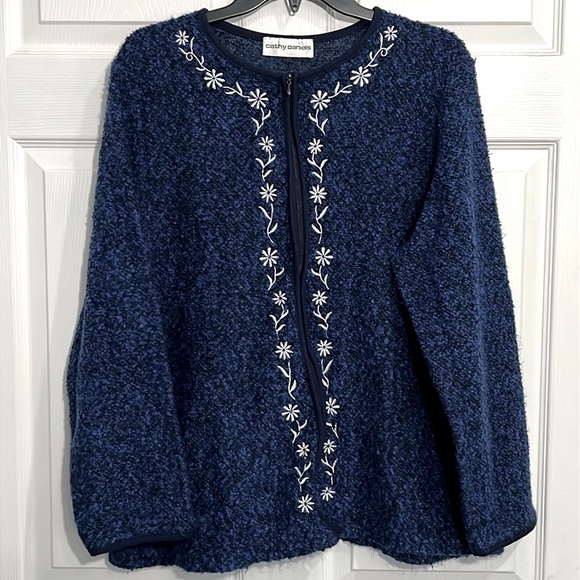 Cathy Daniels Women’s Blue & White Floral Accent Zip Front Cardigan - Size 1x - Picture 1 of 6